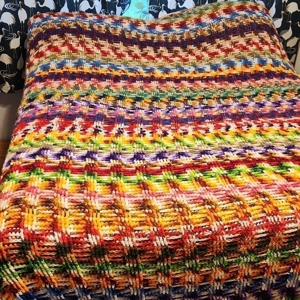 Crocheted Afghan Bedspread multi color 1970s Huge